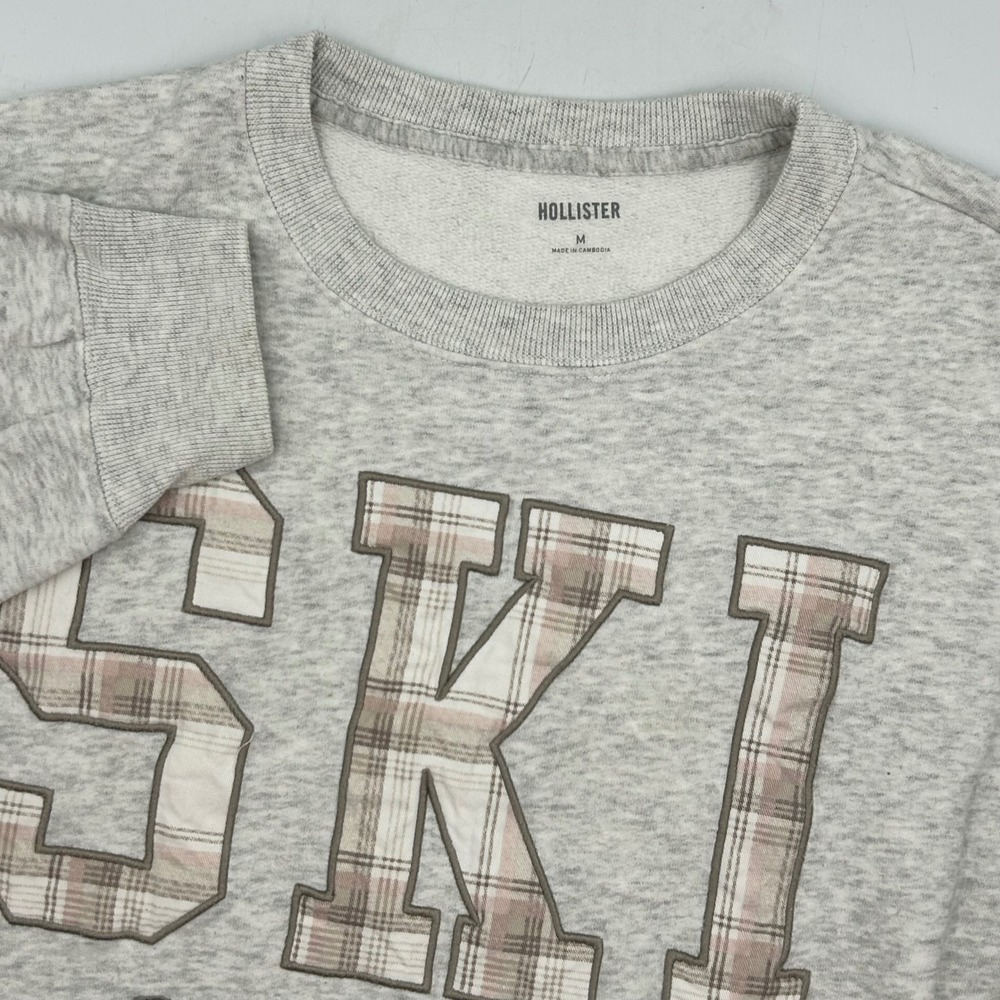 Hollister Sweatshirt Gray Womens Medium M Med SKI Colorado Plaid Applique